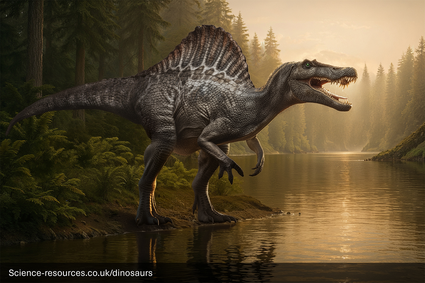 Spinosaurus (as depicted in the Jurassic park movie franchise) standing in a prehistoric clearing.
